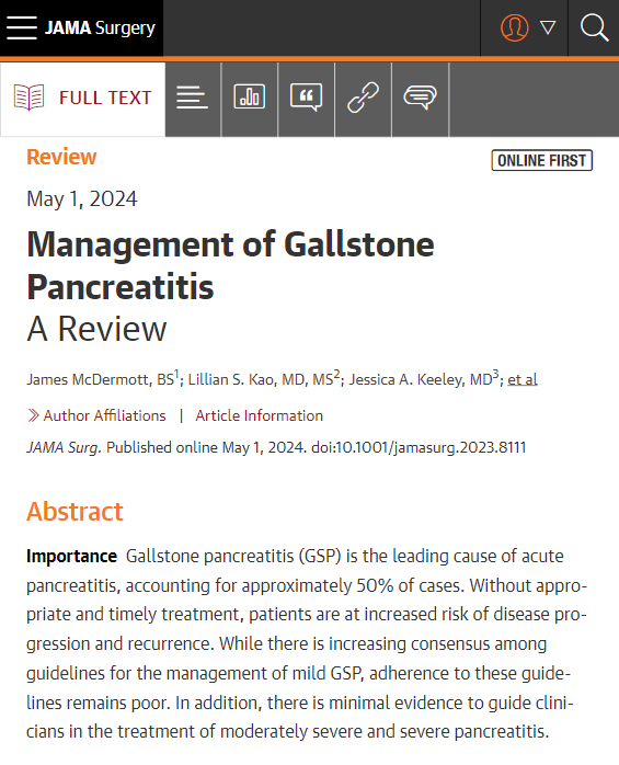 Most viewed in the last 7 days from @JAMASurgery: This narrative review summarizes the current evidence on and recommendations for management of gallstone pancreatitis. ja.ma/3wuVsLi