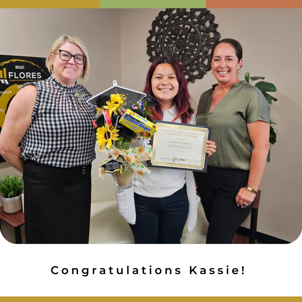 'Dream big, work hard, and anything is possible!'

FLORES is proud of our senior Cristo Rey Work Study student Kassie and wish her the best in her future endeavors in college!

#FLORESFamily #workstudy #communityinvolvement
