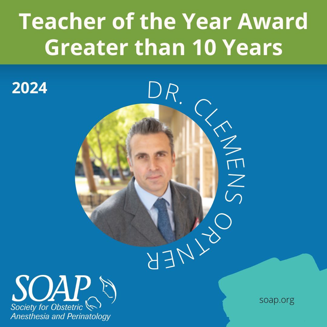 Congratulations to the SOAP 2024 Teacher of the Year (more than 10 years), Dr. Clemens Ortner. The SOAP Teacher of the Year Award recognizes outstanding practitioners of obstetric anesthesiology who have demonstrated superior teaching. buff.ly/3MpUAui #SOAP #OBAnes