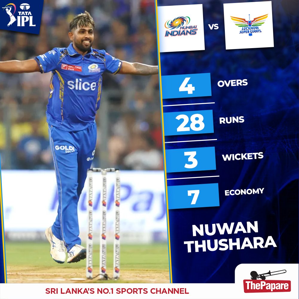 .@NuwanThushara53 ends IPL 2024 season with a superb spell. #IPL #MIvLSG #ThePapare LIVE NOW 👉 live.thepapare.com/event/indian-p…