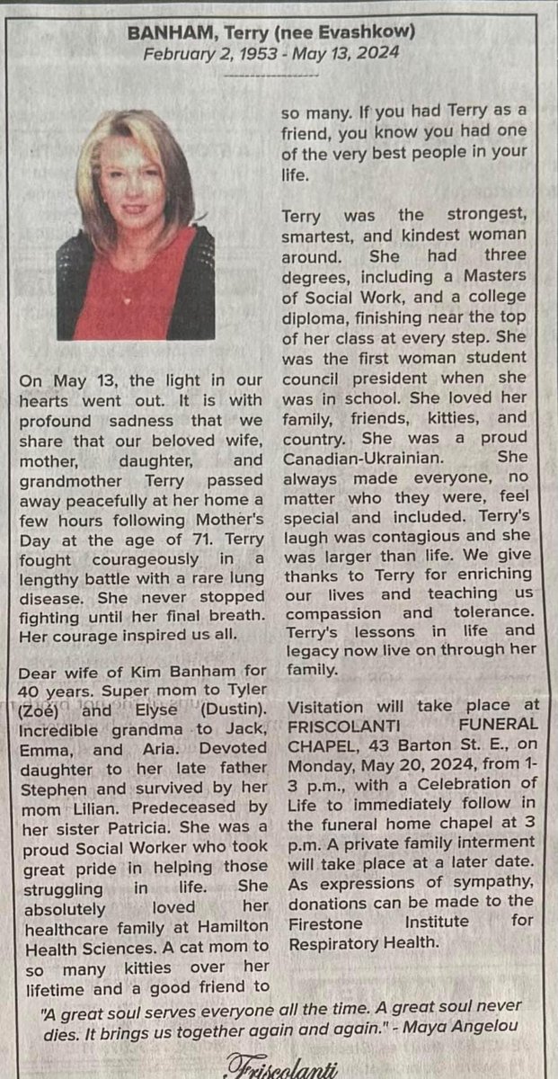 Follow @tylerbanham on bluesky (@tylerbanham) on Twitter photo Heartbreaking week for me & my family as my beautiful mom Terry Lynn Banham passed away. We posted this in today’s <a href="/TheSpec/">Hamilton Spectator</a> about her incredible life
Thank you to friends for the very kind notes. We’re heartbroken. My mom was larger than life to us
Visitation is on Monday 1-3pm Heartbreaking week for me & my family as my beautiful mom Terry Lynn Banham passed away. We posted this in today’s <a href="/TheSpec/">Hamilton Spectator</a> about her incredible life
Thank you to friends for the very kind notes. We’re heartbroken. My mom was larger than life to us
Visitation is on Monday 1-3pm