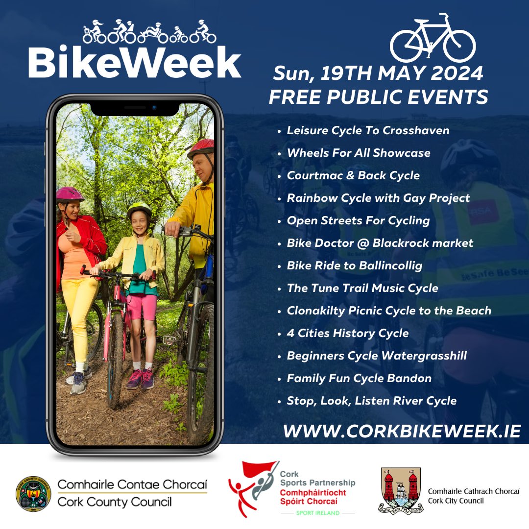 📣🤩 Busy weekend of #BikeWeekCork public events ahead 🚲 Lots of fun cycles, workshops & more to take part in, all free! Good luck also to all the community groups, youth services and clubs hosting events also 🙌🏻👏🏻 ℹ️ corkbikeweek.ie