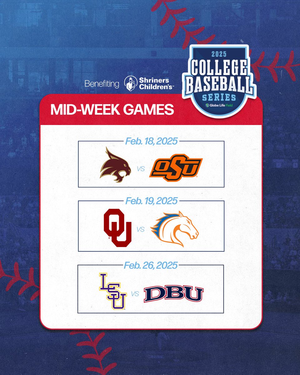 THE 2️⃣0️⃣2️⃣5️⃣ FIELD IS SET‼️ 3️⃣ consecutive weekends of top tier college baseball and portions of every ticket sold from all 3️⃣ weekends will benefit @shrinershosp! Sign up below to receive a presale code for Home Plate Reserved tickets on Monday ⬇️ 🔗: l8r.it/YhcM