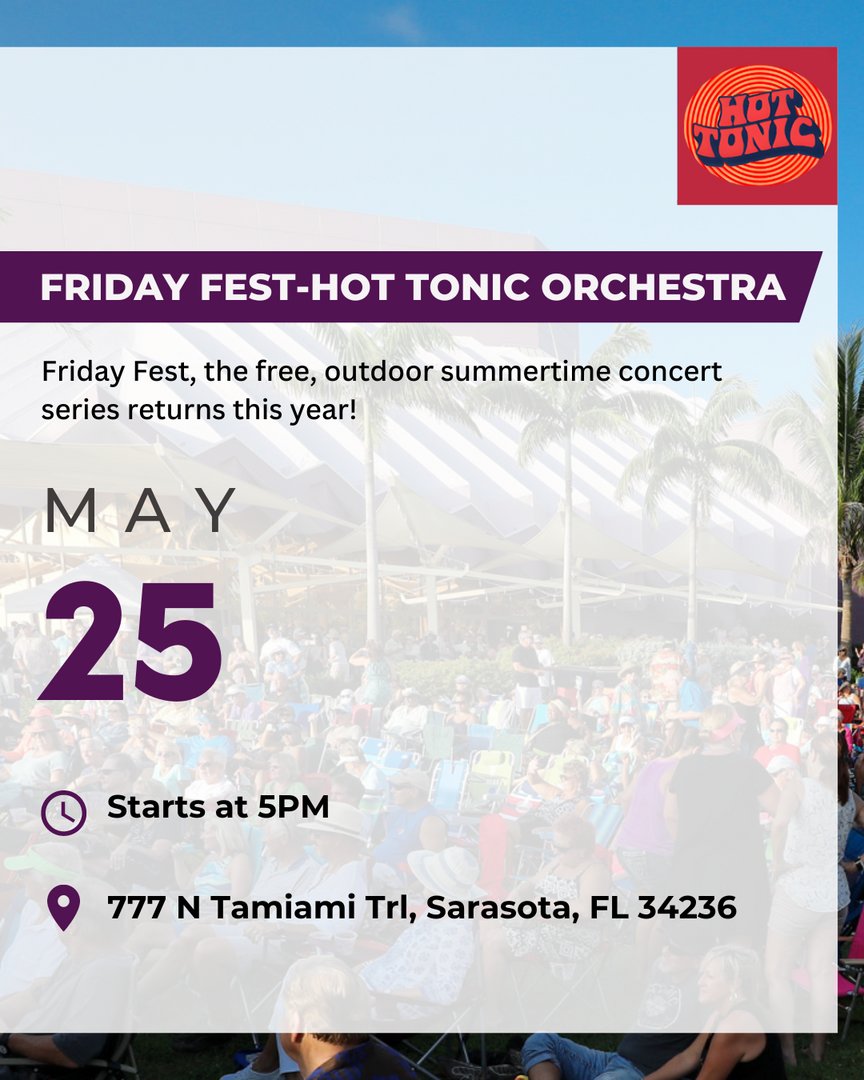 Start the weekend with a swing at Friday Fest, 5-9 p.m. on Van Wezel lawn! 🎶 Hot Tonic Orchestra brings jazz under the stars. 

No outside food; local eats are available. Bring blankets or chairs for sunset grooves. 

-> More info: bit.ly/3Wai8ev
#fridayfest