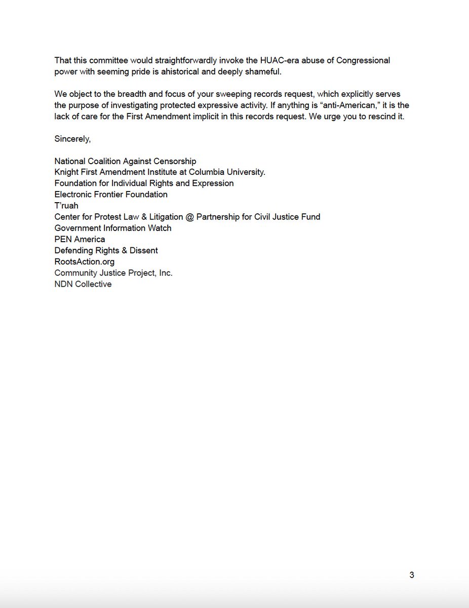 BREAKING: FIRE joined @ncacensorship and ten other groups in condemning a sprawling congressional request for private financial information on dozens of non-profits for allegedly supporting recent college protests. It is an affront to the First Amendment and an abuse of