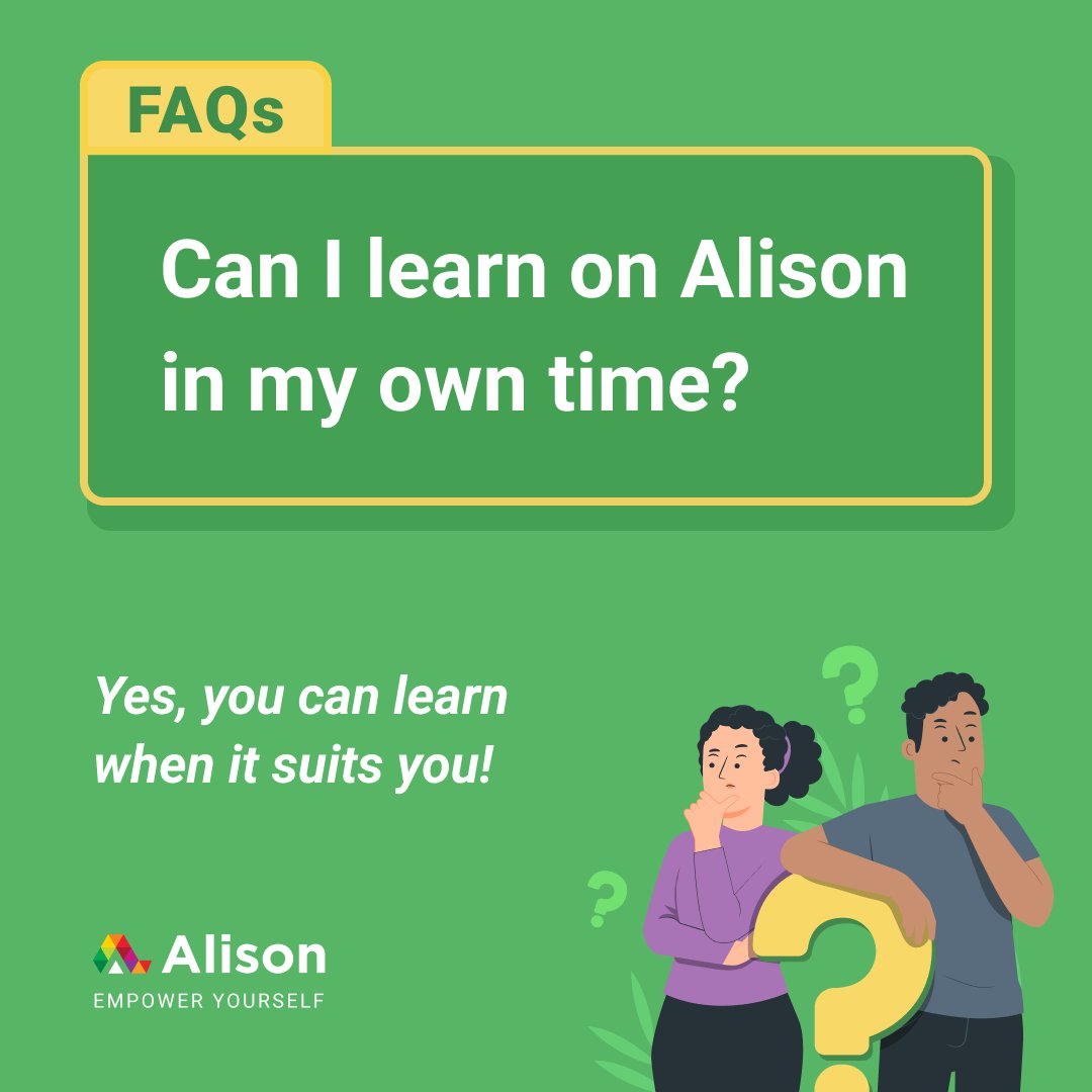 Need #flexibility? We've got you covered! ⏳Our courses are self-paced & fit into your schedule, so you can learn at your own pace. Enrol & learn for free - ow.ly/VXEJ50RFl8X. #FlexibleLearning #FreeOnlineCourses #SkillUp #OnlineLearning #Alison #EmpowerYourself