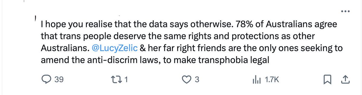 I've never met anyone who doesn't think trans people deserve the same rights and protections as everyone else. Militant trans activism doesn't want trans people to have the same rights, though. It wants women's and girls' rights and protections dismantled for the benefit of men.