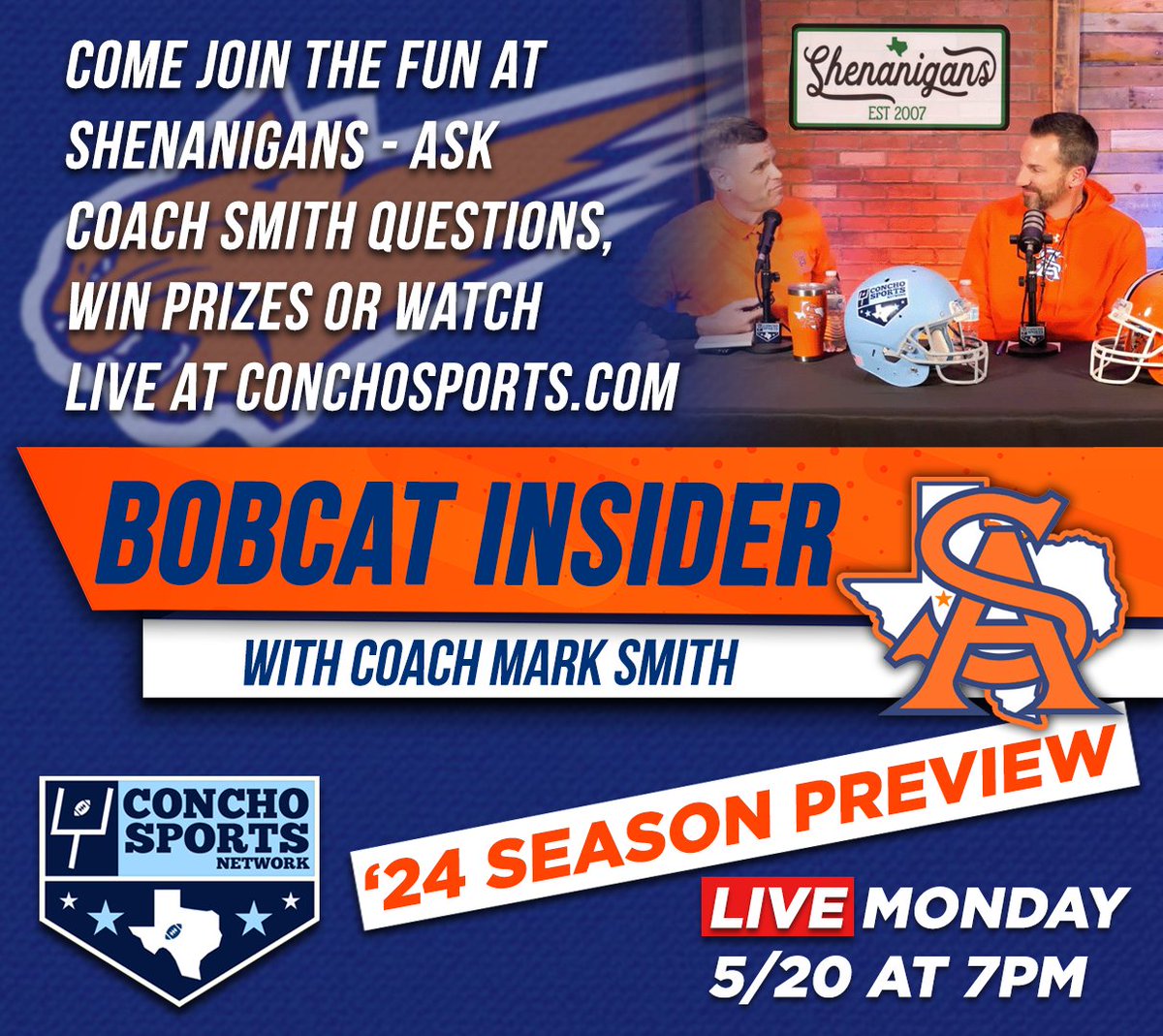 Concho Sports Network (@conchosports) on Twitter photo SA Central football is entering a new era! Come join us Monday 5/20 7pm at Shenanigans or watch live at conchosports.com! We'll have a trivia questions, prizes from the booster club, & <a href="/coachmarksmith/">Mark Smith</a> will take questions.
π‘ππ
#AngryOrange #TXHSFB #LSWC <a href="/AngryOrangeFB/">San Angelo Central Bobcat Football</a> SA Central football is entering a new era! Come join us Monday 5/20 7pm at Shenanigans or watch live at conchosports.com! We'll have a trivia questions, prizes from the booster club, & <a href="/coachmarksmith/">Mark Smith</a> will take questions.
π‘ππ
#AngryOrange #TXHSFB #LSWC <a href="/AngryOrangeFB/">San Angelo Central Bobcat Football</a>