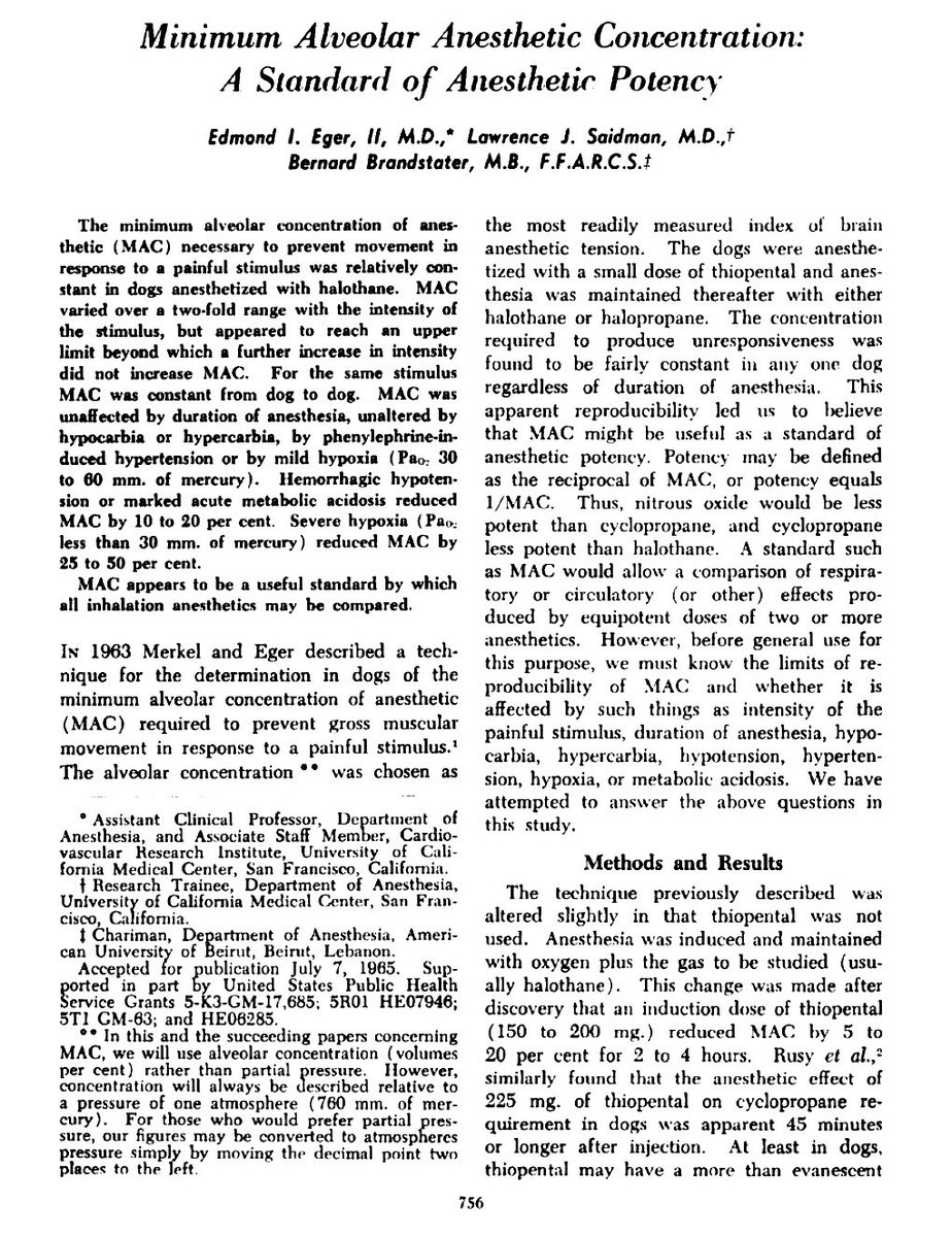 The concept of minimal anesthetic concentration (MAC) is 60 years old next year. (Anesthesiology 1965;25:302). Is it a clinically useful concept today? Several agents are used in combination today and this makes the vapor concentrations less relevant.