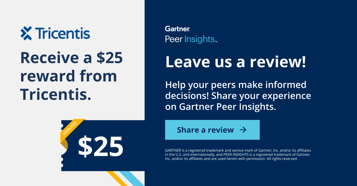 🌟 Share your experience with #Tricentis &amp; our products by leaving a #review.

As a thank you 💙 the first 20 approved reviewers will receive a $25 gift card. The Peer Insights Team will provide the gift card shortly after your review is published: gtnr.io/bMgCELDWg