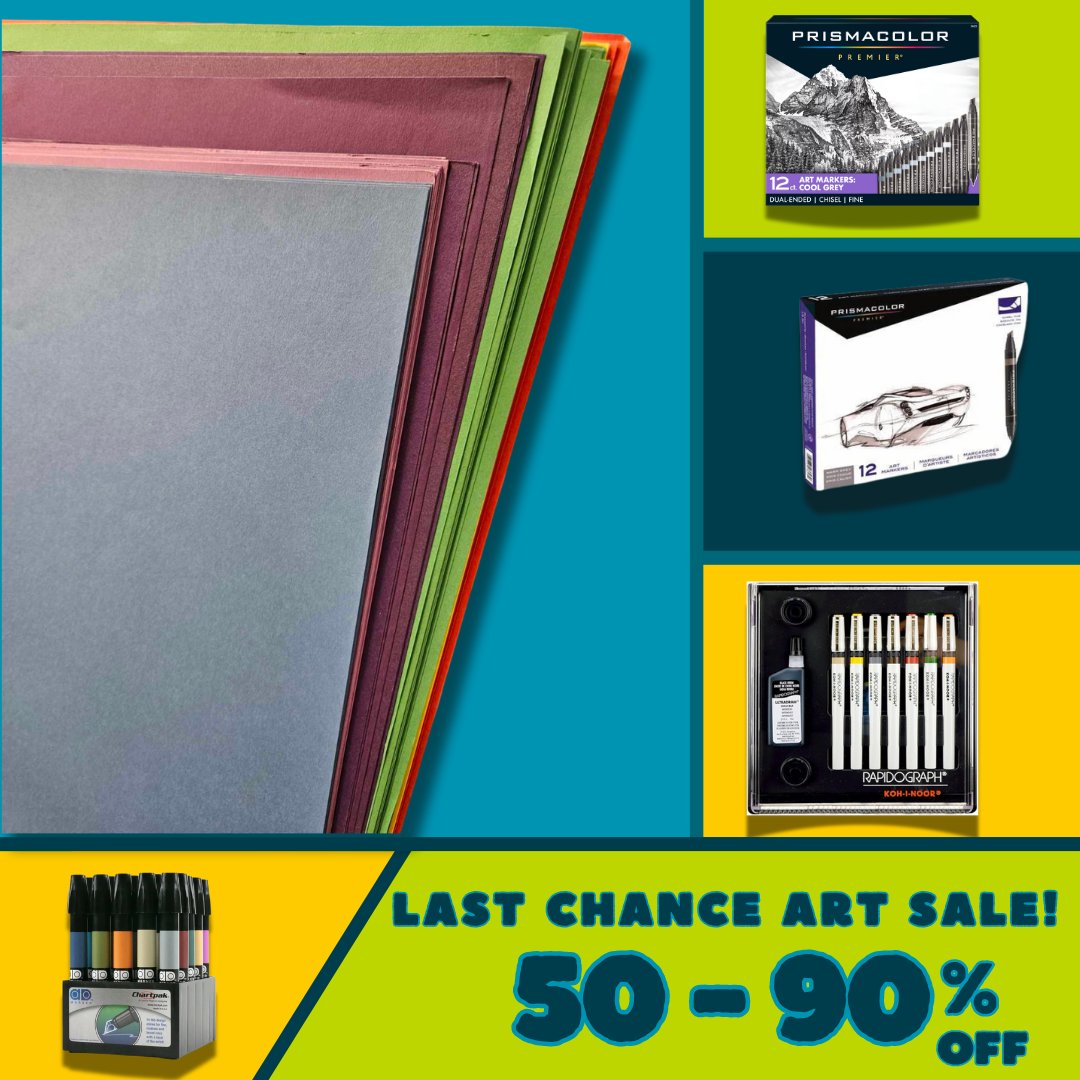 LAST CHANCE ART SALE! Art paper (of different size, color, and texture) is priced at .25! Individual PRISMACOLOR markers and professional pen and marker sets for half off! These items are going fast – in store only!