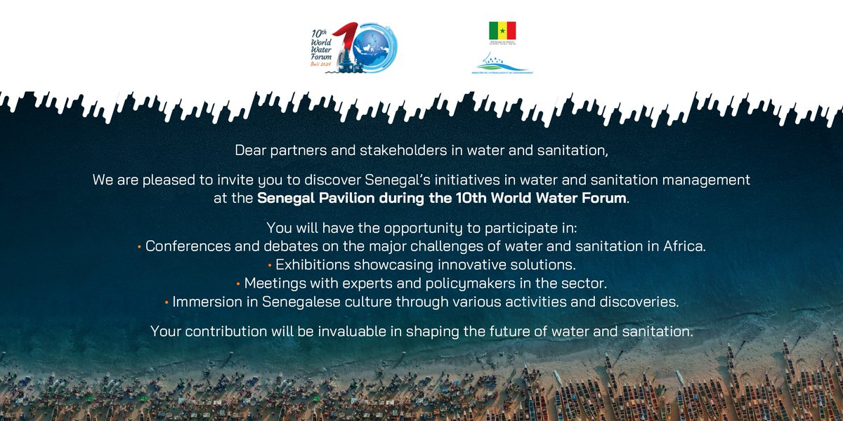 Join us at the #BaliInternationalConventionCenter from May 20th to 25th for the #WorldWaterForum. 🇸🇳Don't miss the chance to visit the #Senegal Pavilion and explore innovative solutions for water and sanitation. See you there!