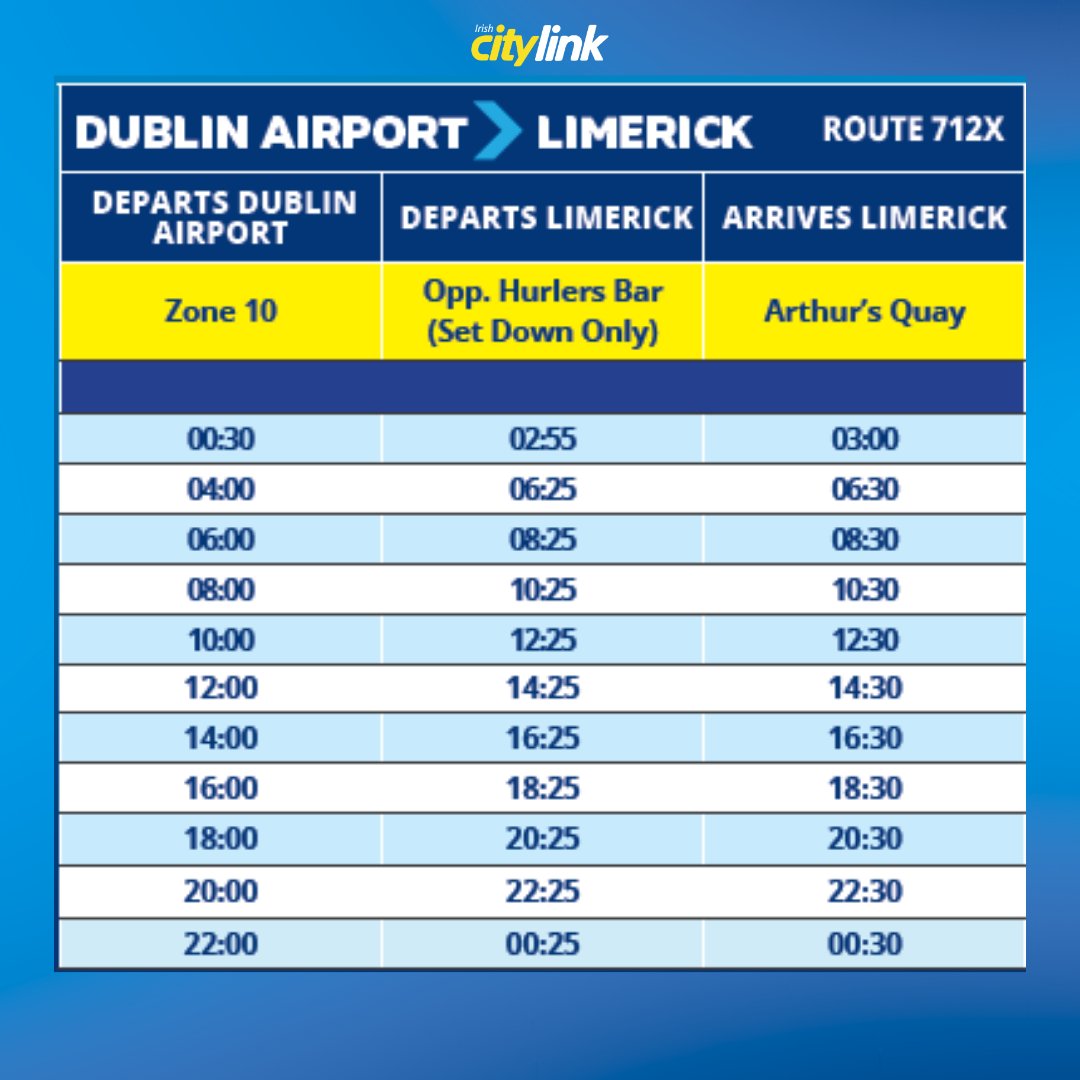 Planning a trip? ✈️ Enjoy stress-free travel with our daily services from Limerick to Dublin Airport, running up to every two hours. 🚍 Swipe to see the timetable and use the code CITYLINK15 to get 15% off standard fares when you book online at citylink.ie. 🤩