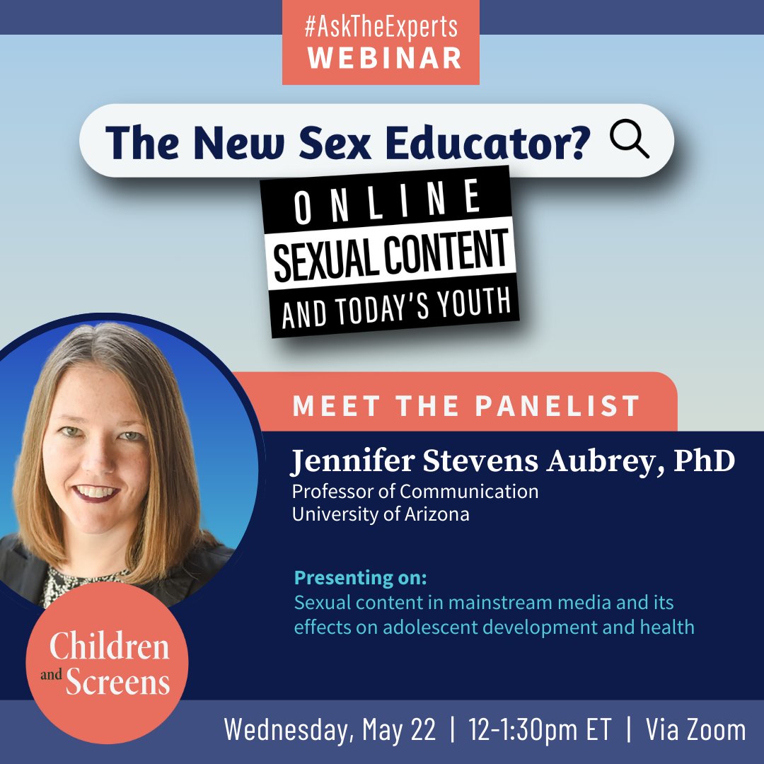 Meet the panelist: Jennifer Stevens Aubrey, PhD, professor at @uazcomm will present on sexual content in mainstream media and its effects on #AdolescentHealth and development at our #AskTheExperts webinar on #youth and online sexual content. Register: bit.ly/3Wn9SHX