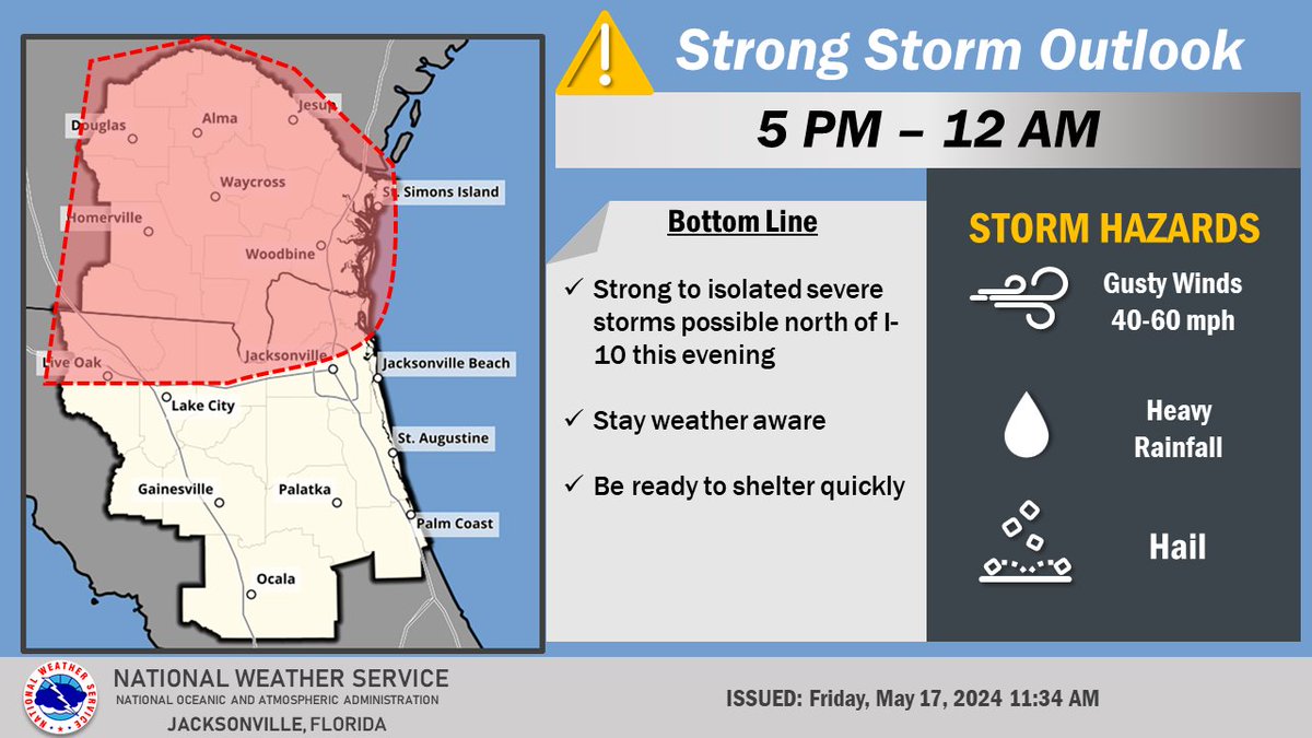 Strong to isolated severe thunderstorms are possible this evening, mainly north of I-10. ⛈️ Another round of strong/severe t'storms likely tomorrow morning through the evening as well. Stay weather aware, and when thunder roars, go indoors! 🏠🏃 #flwx #gawx
