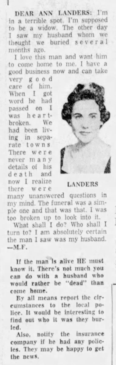 Enoch Arden meets Ann Landers. (Charlotte Observer 1956, via @_newspapers)