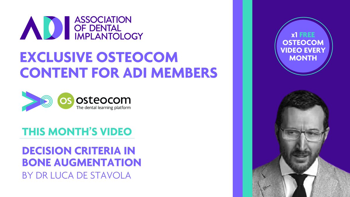 ADI_dental's tweet image. Exciting news for ADI members! Our partnership with Osteocom means you get exclusive, free monthly video lectures. This month: Decision Criteria in #BoneAugmentation by Dr Luca De Stavola. Don't miss out on this valuable educational opportunity! #dentalimplants #ADICommunity
