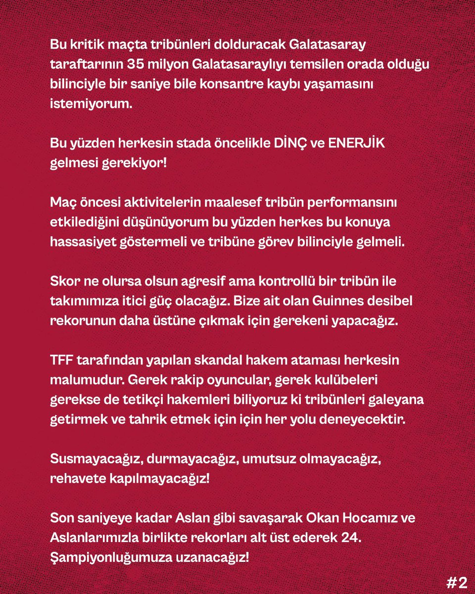 Susmayacağız, durmayacağız, umutsuz olmayacağız, rehavete kapılmayacağız! Son saniyeye kadar Aslan gibi savaşıp Okan Hocamız ve Aslanlarımızla birlikte rekorları alt üst ederek 24. Şampiyonluğumuza uzanacağız!