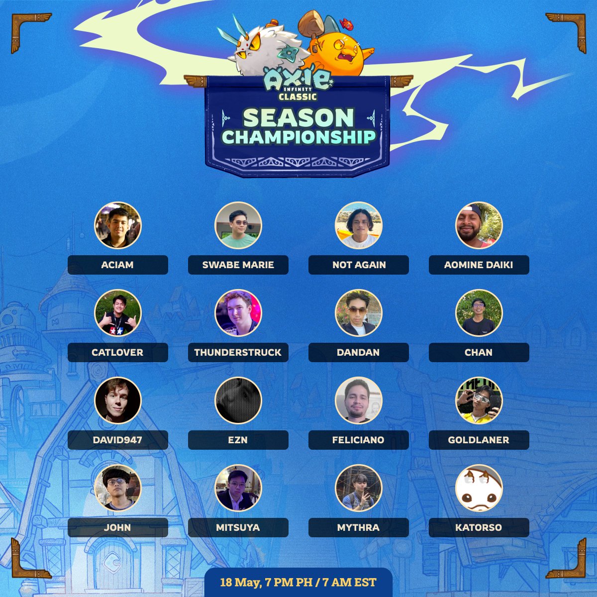 Axie Classic Season Championship Sixteen players have qualified for the season championship after a challenging qualification process through the Grand Tournament and Arena Leaderboard. ⚔️ The final battle is upon us, with 2000 AXS at stake, and the champion will qualify