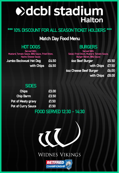 🍺 Here is the DCBL Longhouse itinerary and food menu for our clash with Whitehaven this Sunday, with a special appearance from David Hulme 🎤 There is no artist this week due to illness. #COYV 🧪