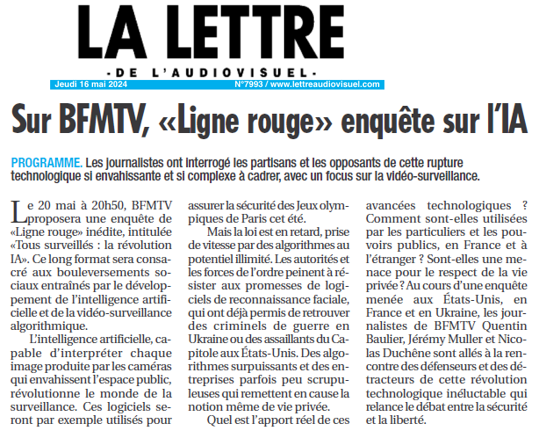 🗞️À LIRE DANS LA PRESSE 📢@lemediaplus & La lettre de l'audiovisuel en parlent 🔴Le long format de @BFMTV #LigneRouge 'Tous surveillés : la révolution de l'IA'
