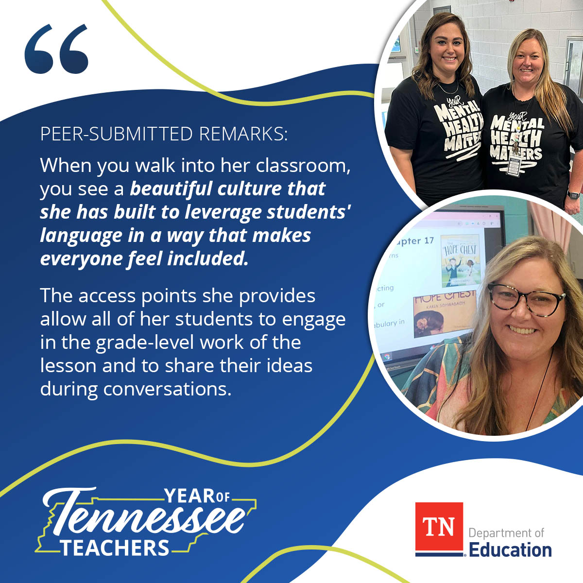 We'd like to spotlight Jamie Helta from @blackfoxelem, who was nominated by her peers for creating a supportive culture in her classroom to help all her students succeed. #TNSupportsTeachers