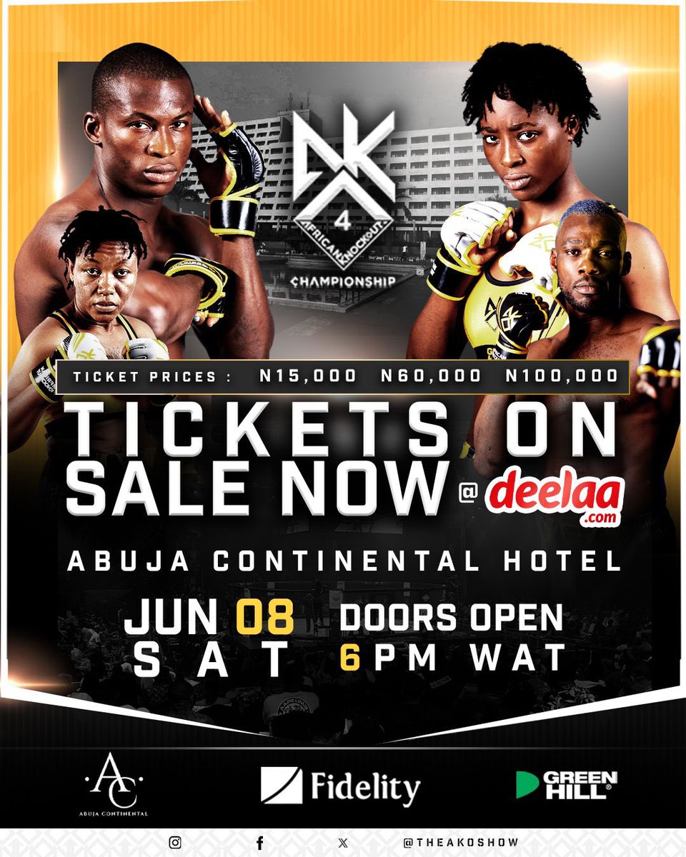 Tickets 🎟 are now available for #AKO4 🔥

Hurry and grab your tickets 🎟now @DeelaaNigeria.

Click the 🔗 in bio! 

🗓 Jun. 8th, 2024
🏟 Abuja Continental Hotel, Abuja🇳🇬

#AfricanKnockout #AKO #ticket #AKOChampionship #AbujaEvent #Abuja #MMA #Nigeria #Africamma #mixedmartialarts