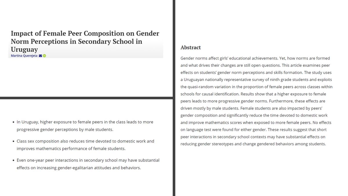 Boys who have more girls in their classes also tend to have more progressive gender norms. tandfonline.com/doi/full/10.10… Evidence from secondary schools in Uruguay!