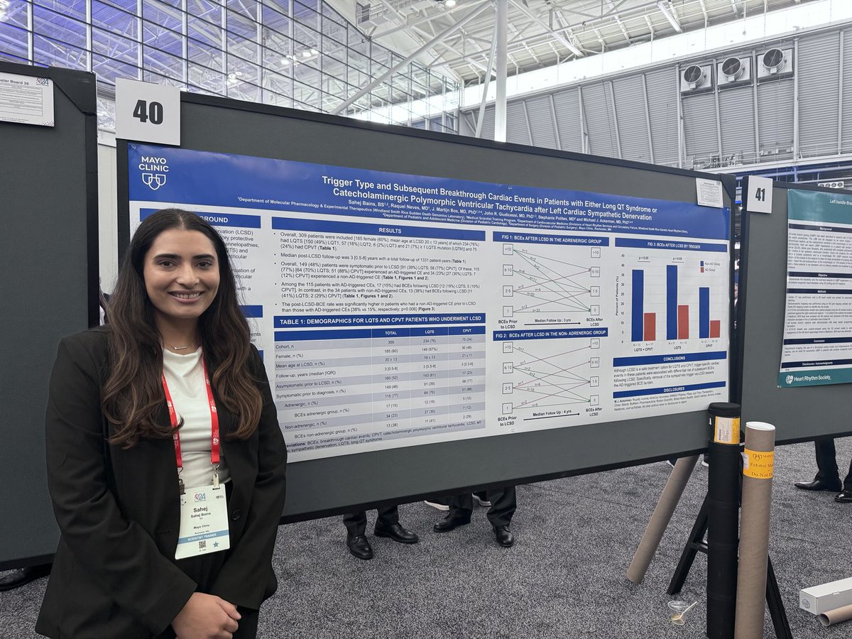 Well done ⁦@sahejbains⁩ - defended her PhD thesis just 3 days ⁦@MayoClinic⁩ & now presenting results of a clinical project on denervation #surgery for LQTS patients here at #HRS2024: Punch Line - Efficacy is better for those w/ adrenergic triggered #arrhythmias.