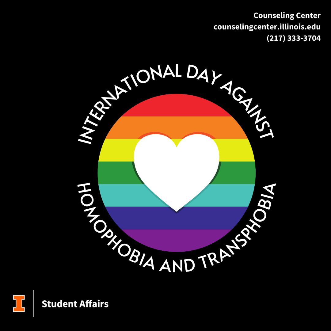 Counseling Center (@ui_counseling) on Twitter photo At the Counseling Center, we are proud to celebrate International Day Against Homophobia and Transphobia. We denounce this discrimination and gladly honor all orientations and identities. At the Counseling Center, we are proud to celebrate International Day Against Homophobia and Transphobia. We denounce this discrimination and gladly honor all orientations and identities.