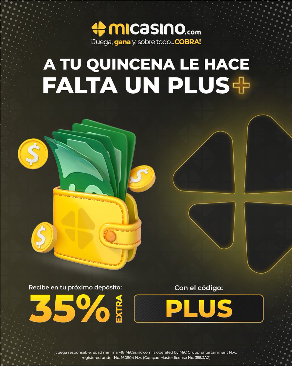 🗓️ Hoy es miércoles con M de MULTIPLICAR TU QUINCENA con MiCasino.com 🍀 ¿Cómo? 🤔 Aquí te tenemos un bono especial; deposita y recibe 35 % EXTRA con el código👉 PLUS 💸 Recibe ese dinerito GRATIS y aumenta tus ganancias para que llegues cómodo hasta fin de mes 🔥