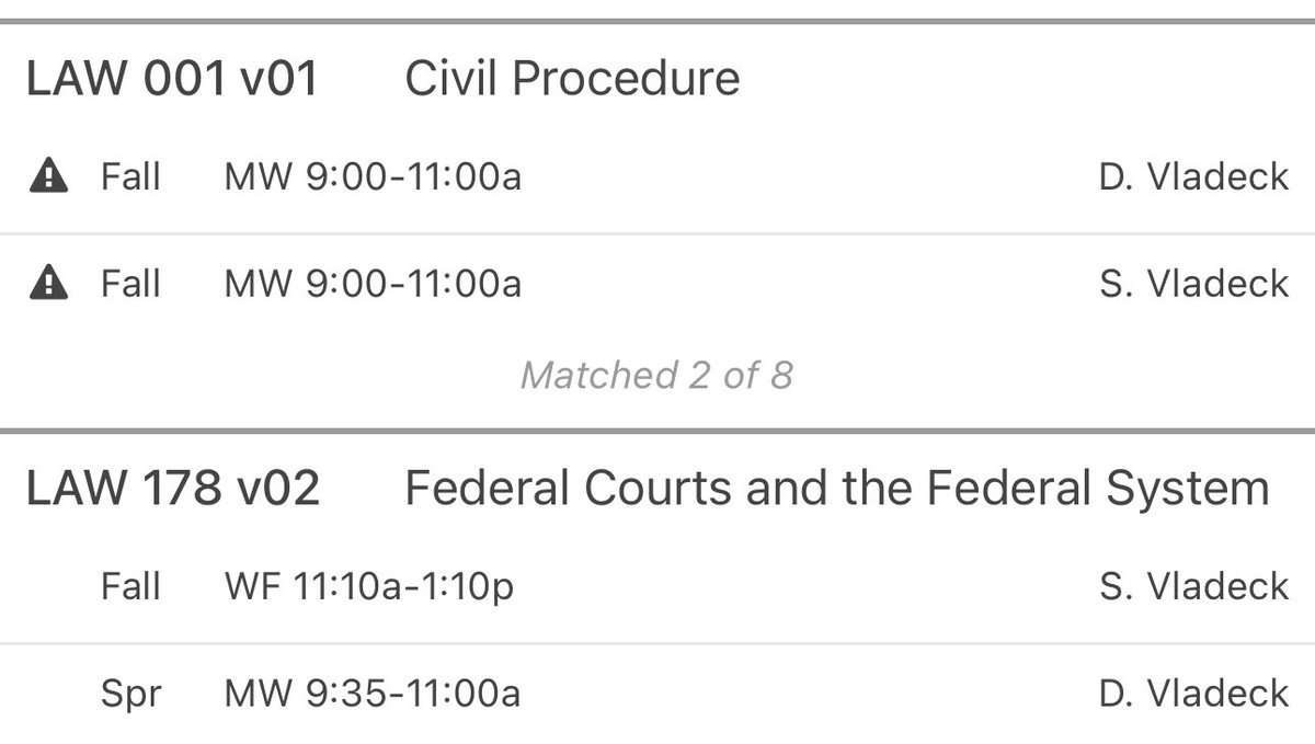 “Who do you have for Civ Pro?” “Vladeck.” “Which one?” Definitely not going to confuse *any* @GeorgetownLaw 1Ls… :-)