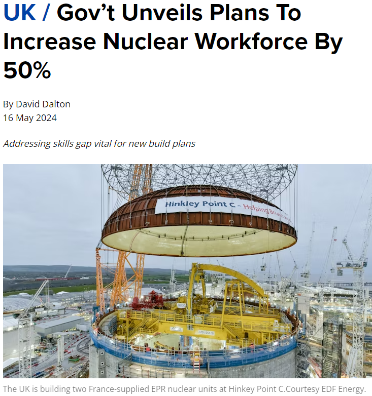 The UK is starting an effort to increase its nuclear workforce by ~50%, by 2030. Article link in reply.