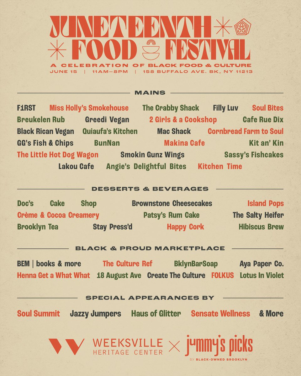 Weeksville Heritage Center and Jummy’s Picks by Black Owned Brooklyn are once again joining forces for our Juneteenth Food Festival on June 15th, from 11 am - 8 pm! We hope you’ll join us for an unforgettable day of Black food, culture, history and joy. bit.ly/4bn64ep