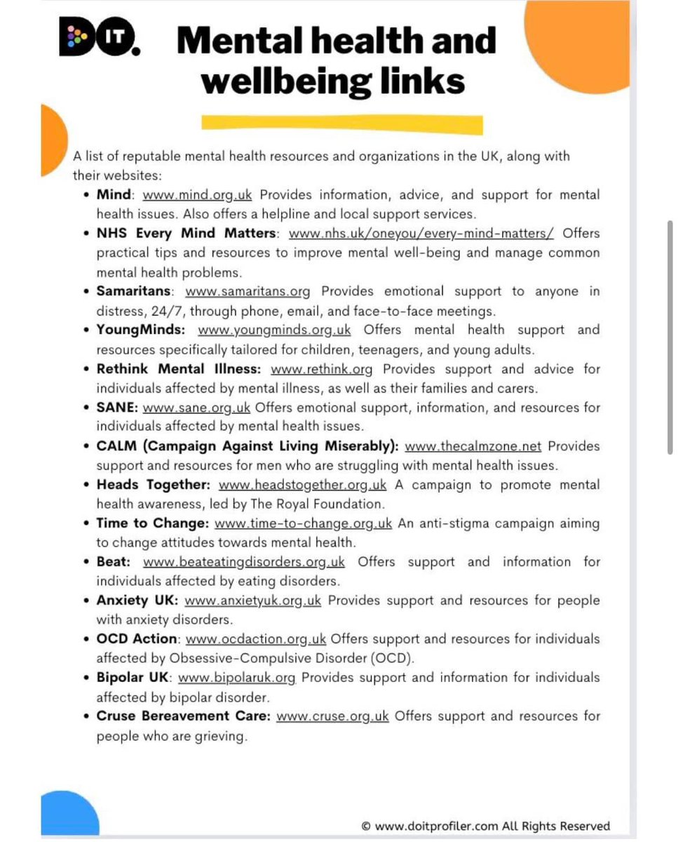 Useful wellbeing links for anyone who may need someone to talk to. #MentalHealthAwareness