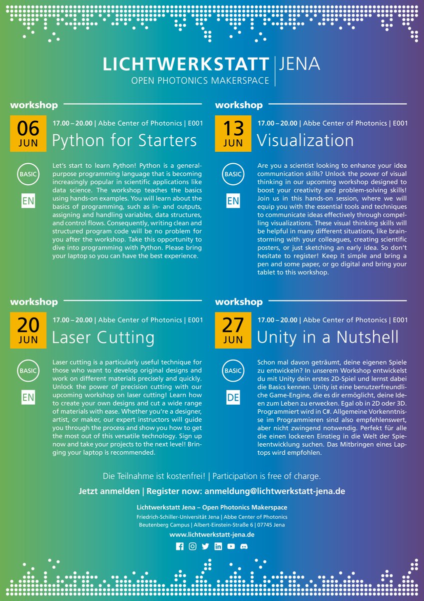 LICHTWERKSTATT JENA (@lichtwerkstattj) on Twitter photo #eventย | Wanna learn something new? Then check out our #workshop program ๐ฉ๐ฝโ๐ป๐งโ๐ป๐ฎโ๏ธโ๐ฅณ!
This time's schedule:
โก๏ธ 06.06. | 5 โ 8 PM | #Python for Starters
โก๏ธ 13.06. | 5 โ 8 PM | #Visualization
โก๏ธ 20.06. | 5 โ 8 PM | #LaserCutting
โก๏ธ 27.06. | 5 โ 8 PM | #Unity in a Nutshell
#jena #eventย | Wanna learn something new? Then check out our #workshop program ๐ฉ๐ฝโ๐ป๐งโ๐ป๐ฎโ๏ธโ๐ฅณ!
This time's schedule:
โก๏ธ 06.06. | 5 โ 8 PM | #Python for Starters
โก๏ธ 13.06. | 5 โ 8 PM | #Visualization
โก๏ธ 20.06. | 5 โ 8 PM | #LaserCutting
โก๏ธ 27.06. | 5 โ 8 PM | #Unity in a Nutshell
#jena