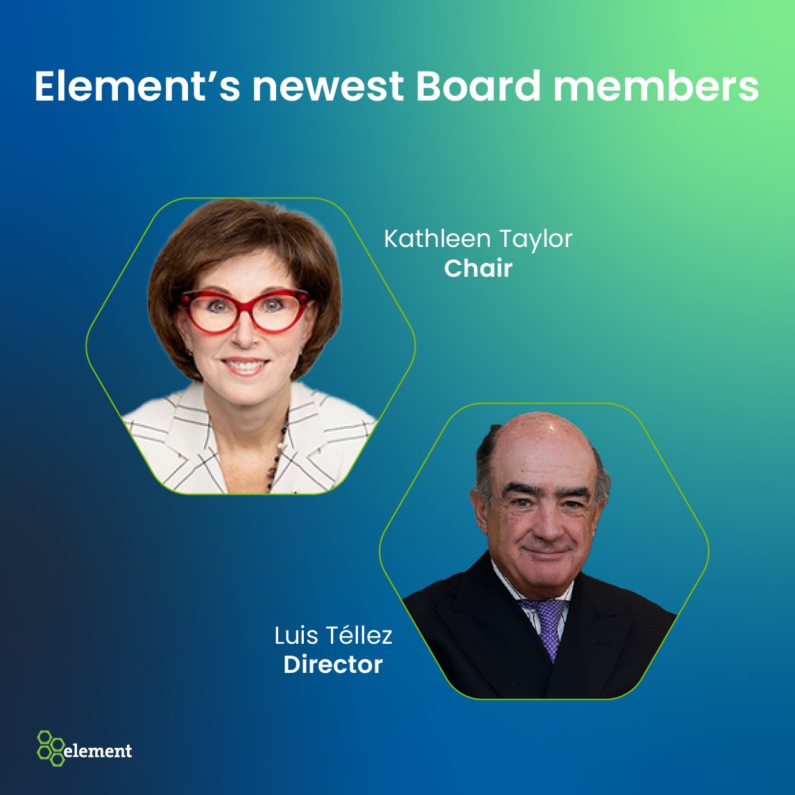 Element is pleased to officially welcome Kathleen Taylor (Katie) Taylor as the Chair of our Board of Directors and Luis Tellez Kuenzler as a new board member, with their appointments effective from the Annual General Meeting on May 15, 2024.
#CorporateLeadership #BoardOfDirectors