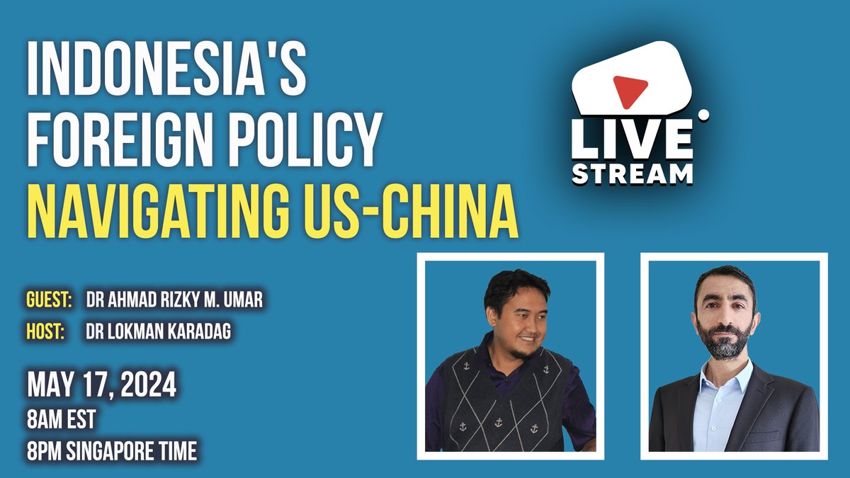 The recording of the engaging discussion on Indonesia's Foreign Policy Navigating US-China with @DrLokmanKaradag and Dr. Ahmad Rizky (@analispolitik)is now available on the YouTube channel. Be sure to check it out! youtube.com/live/8-9h_ntqO… #Indonesia #Jakarta #ASEAN #US #China