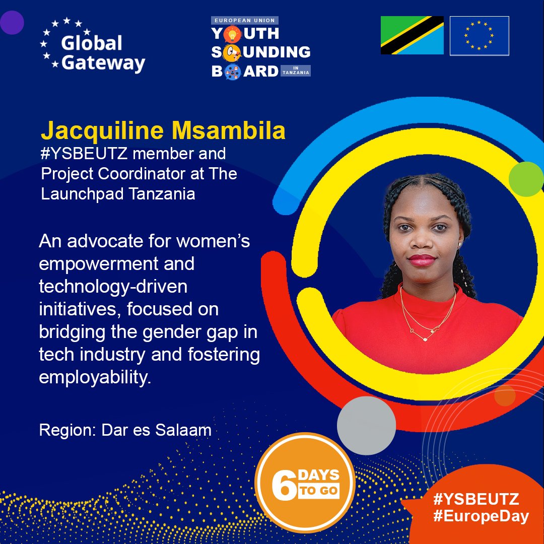 Introducing @named_jacquilin, a member of the EU – Youth Sounding Board in 🇹🇿, who engages in and promotes women’s empowerment and technology-driven initiatives 

Only 6️⃣ days to go until the official launch of the #YSBEUTZ and the celebration of #EuropeDay #Engage #Empower