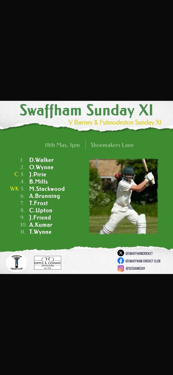 The teams are in! 
The first XI with their first home game hosting  Swardeston at shoemakers lane.
Second XI on the road Vs Garbo 4s
The Sunday XI face Barney at home.
Bar open all weekend! Come support the boys.🍺🏏