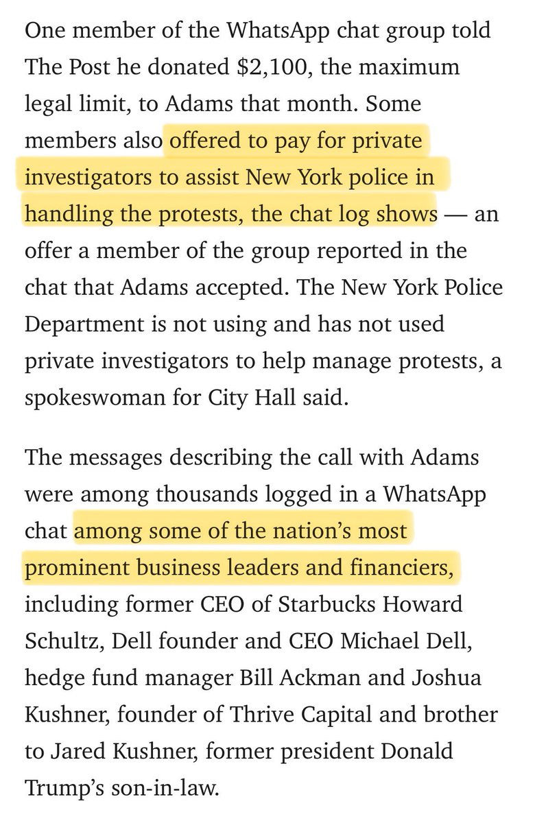 A group of pro-Israel billionaires have a WhatsApp group where they coordinate how to influence the US response to October 7, including pressuring Eric Adams to use the NYPD against Columbia students. 

All this time it was Eric Adams who was in bed with outside agitators. 

The
