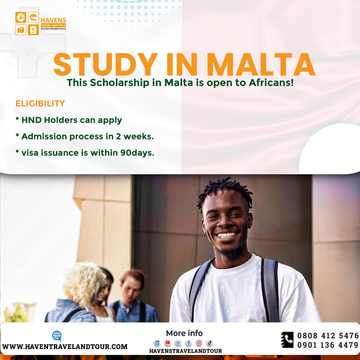 Study in Malta 🇲🇹

 This Scholarship in Malta is open to Africans!

- HND Holders can apply
- Admission process in 2 weeks.
- visa issuance is within 90 days.

If interested, please send us a DM.

#studyabroad