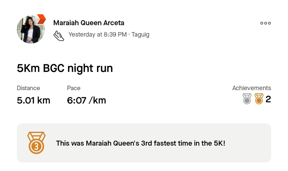 aiah, who had a prior bini schedule for the day, still did a night jog with 5km distance at 6 /km pace?! the queen in her name has never been wrong 👸