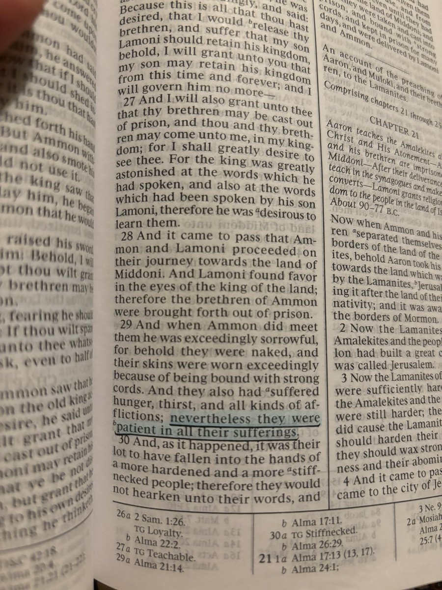 Ammon’s brothers were imprisoned, naked, beaten, dehydrated, starving, etc. and they were *still* patient in their afflictions. Couldn’t be me lol. What an example! #thebookofmormon