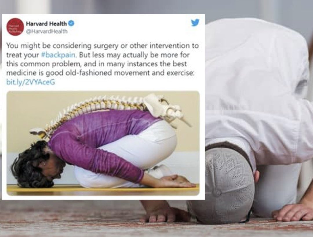 L'Université Harvard a demontré que la posture du soujud (prosternation lors de la prière) est le meilleur remède contre le mal de dos Sobhan'Allah 🌷