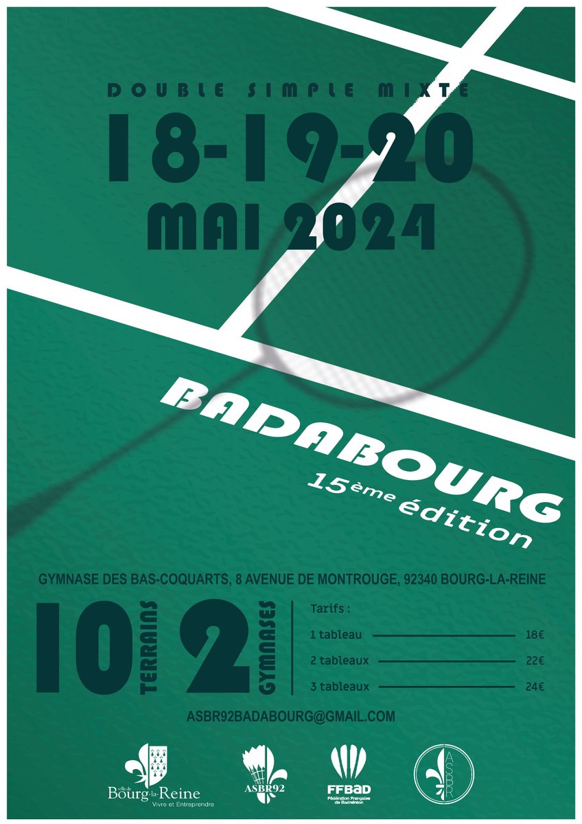 Le #badabourg 🏸, qui réunit chaque année plusieurs centaines de participant(e)s, se déroulera
📅 du 18 au 20 mai
📌 au complexe sportif des BasCoquarts
🙏 aux bénévoles de l'@ASBR92 #badminton pour l'organisation de cet événement
#BourglaReine
#TerredeJeux
#VilleActiveEtSportive