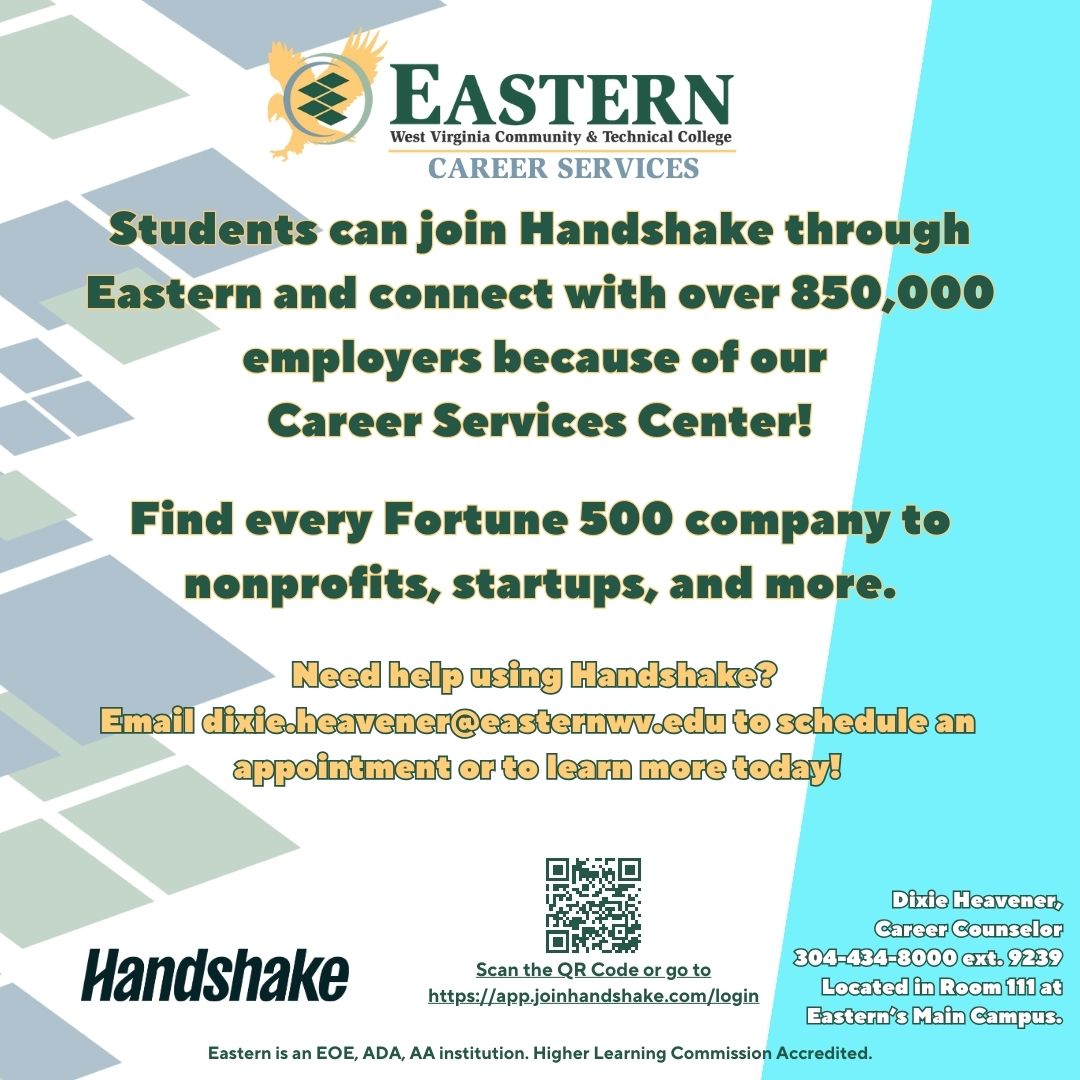 Download Handshake today, you will be able to connect with over 850,000 employers, including non-profits and startups, as well as every Fortune 500 company. Contact dixie.heavner@easternwv.edu with questions. Go to app.joinhandshake.com/login
#DiscoverEWV #handshake #Employment