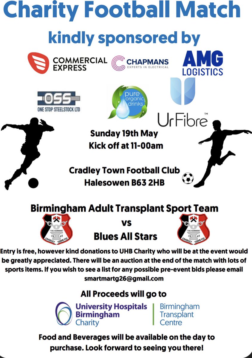 Looking forward to this friendly ⚽️ match on Sunday at @CradleyTown_FC supporting the @BhamTxSport. Come along and cheer the team on 🥳🥳🥳 Some excellent auction items up for grabs too and all for a good cause 👍🏽 @UHBCharity @UHBRenalTXTeam @TransplantSport
