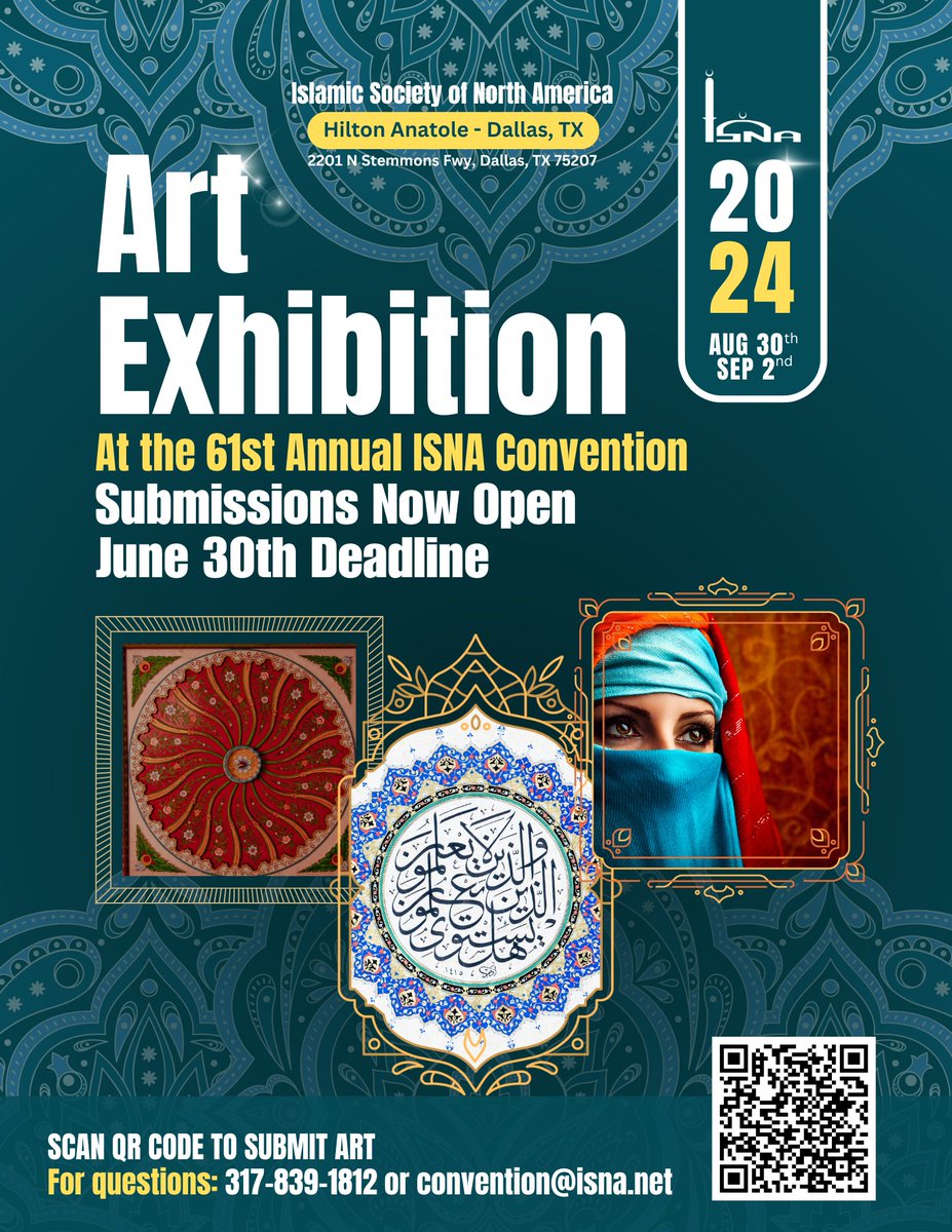 Calling all artists! Submisisons for the art exhibition at ISNA's 61st Annual Convention in Dallas now open!

Use this link for submission isna.app.neoncrm.com/np/clients/isn…

#islamicart #artexhibit #isna61 #artists