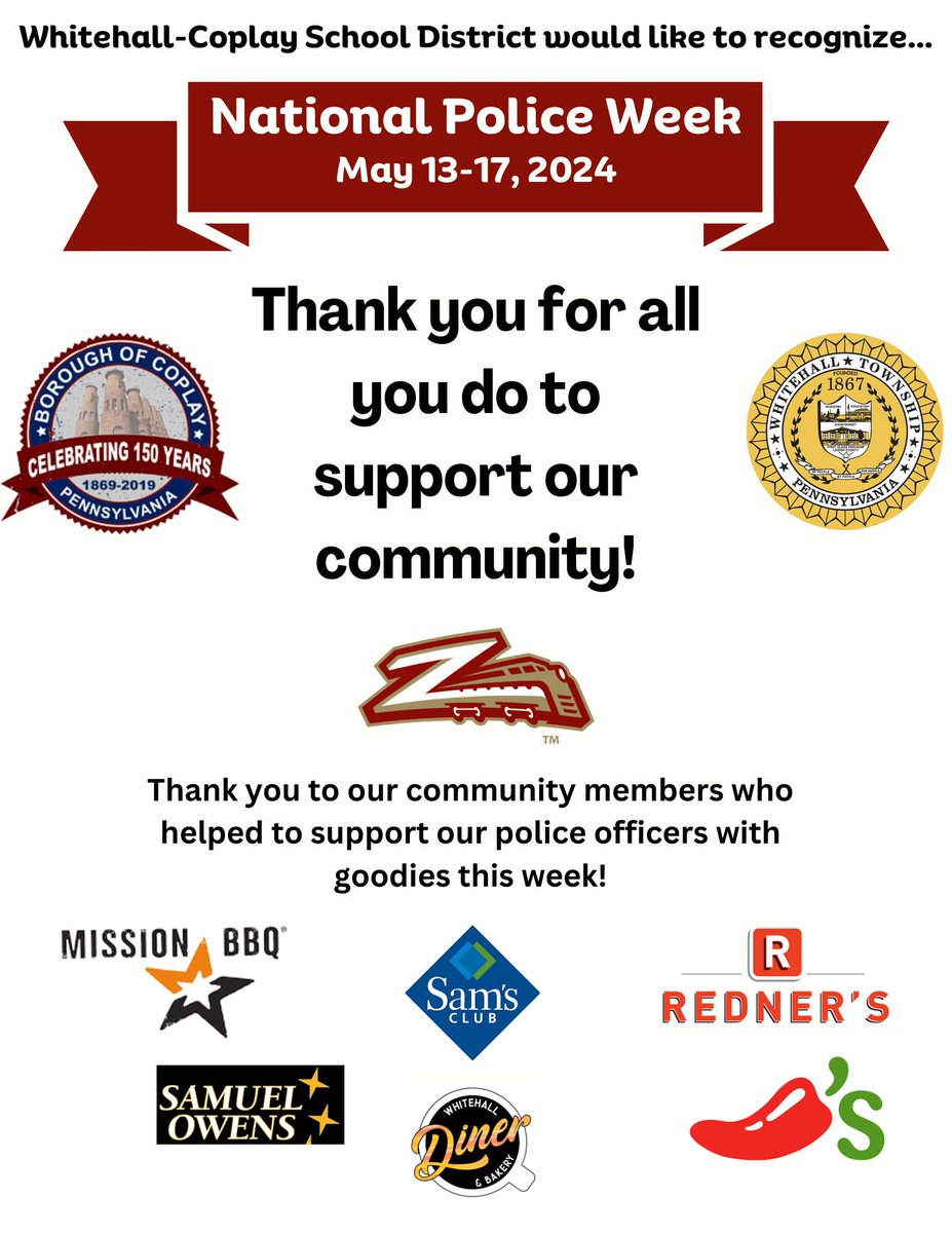 WCSD (@wcsdzephyrs) on Twitter photo Every year, the US celebrates National Police Week to honor the hard work of law enforcement officers. The WCSD and our fellow community partners joined the celebration by recognizing our Whitehall and Coplay Police Departments. Every year, the US celebrates National Police Week to honor the hard work of law enforcement officers. The WCSD and our fellow community partners joined the celebration by recognizing our Whitehall and Coplay Police Departments.